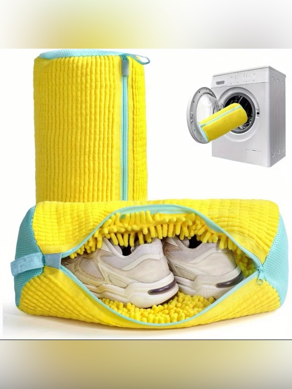Reusable Shoe Washing Bag – Plush Laundry Wash Bag – Yellow/Aqua